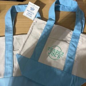 Trader Joe's Mini Pastel Canvas Tote Bags. Cream with Light Blue Trim (2 Totes!)